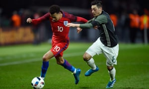 Dele Alli, seen here fighting off Mesut Ozil, had the upper hand in England’s superb victory in Berlin.