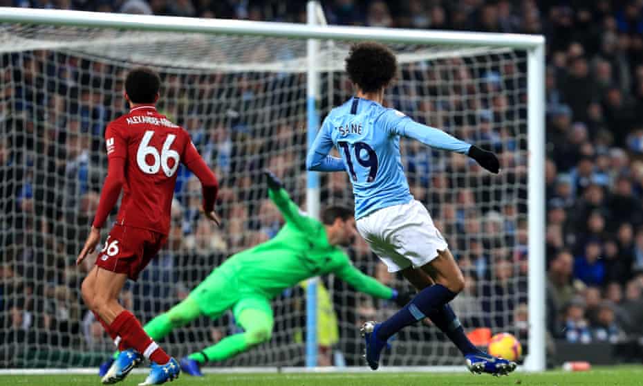 Leroy Sané fires home the decisive goal for Manchester City against Liverpool.