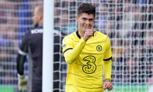 Chelsea’s Christian Pulisic celebrates scoring the third goal of the game.