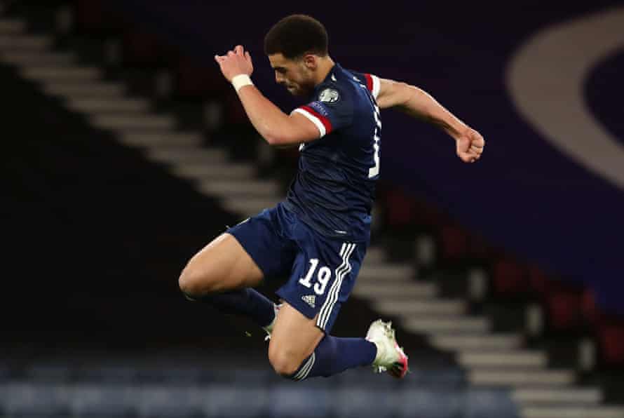 Scotland’s Che Adams celebrates scoring his first international goal.