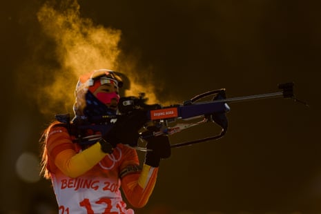 Fanqi Meng of China competes during the mixed biathlon 4x6km relay.