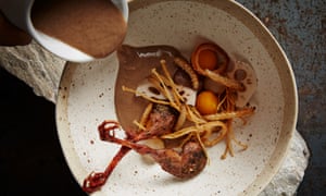 Cream of chestnut soup with quail and bamboo caterpillar.