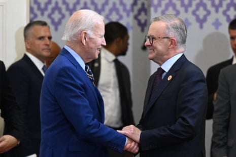 Joe Biden and Anthony Albanese shake hands during the The Association of Southeast Asian Nations ASEAN Summit in Phnom Penh in Cambodia