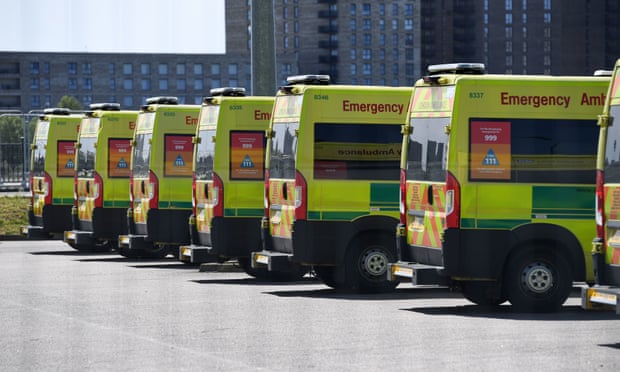 Ambulances parked at the NHS Nightingale hospital in east London