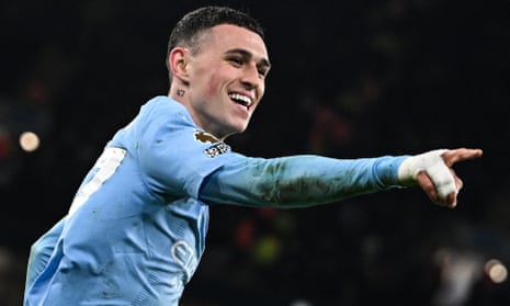 Phil Foden celebrates the second of his three goals against Aston Villa