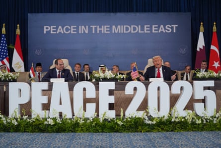Donald Trump speaks alongside Egypt’s president, Abdel Fattah el-Sisi, at the summit in Sharm el-Sheikh.