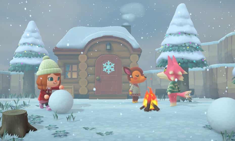 In a screenshot from Nintendo's Animal Crossing: New Horizons, a player rolls a snowball in front of their wooden house