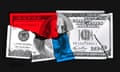 illustration of a fractured 100 dollar bill with red and blue on it