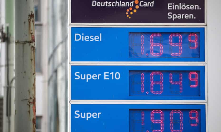 Fuel prices at a gas station in Frankfurt, Germany.