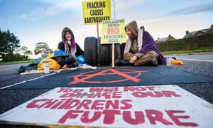 Protestors block the main Preston to Blackpool A road outside Cuadrilla’s Preston New Road well site in Little Plumpton near Blackpool.
