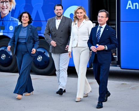 The Liberals leader Simona Mohamsson, Sweden Democrats' leader Jimmie Akesson, Christian Democrats' leader Ebba Busch and Moderate Party leader and prime minister Ulf Kristersson arrive for the Swedish Television (SVT)'s final election debate in Gavle, Sweden.