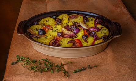 Provençal potato gratin with olives and lemon thyme.