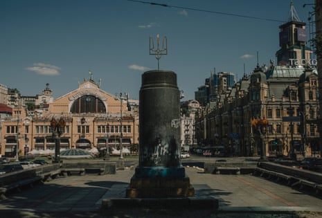 The plinth in central Kyiv where Vladimir Lenin once stood that now features a Ukrainian trident