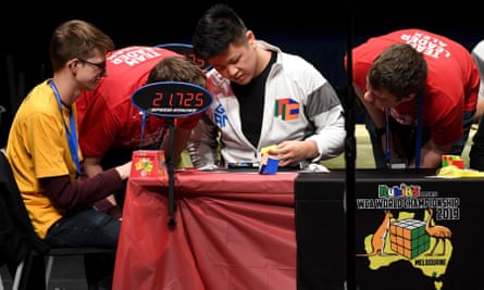 A competitor’s cube is inspected by the judges in the 5x5x5 event at the World Cube Association (WCA) World Championships held in Melbourne on July 14, 2019.