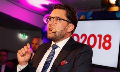 Leader of the far-right Sweden Democrats Jimmy Åkesson speaks to supporters in Stockholm