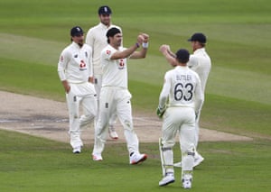 James Anderson celebrates the dismissal of Shai Hope.