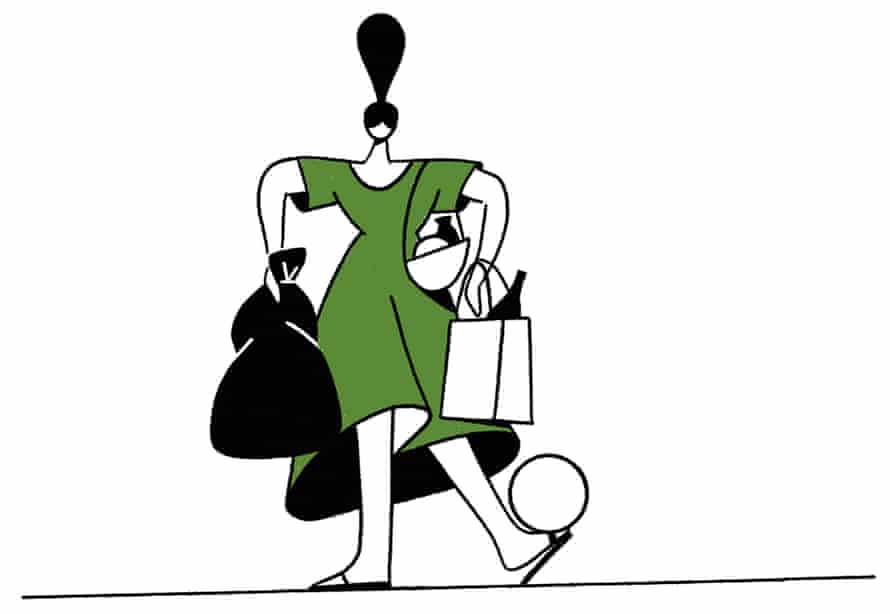 Illustration of woman carrying bags of rubbish and recycling