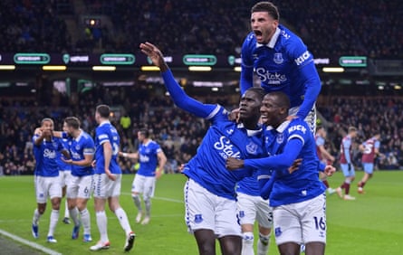 Amadou Onana is mobbed by his teammates after scoring Everton’s opener against Burnley