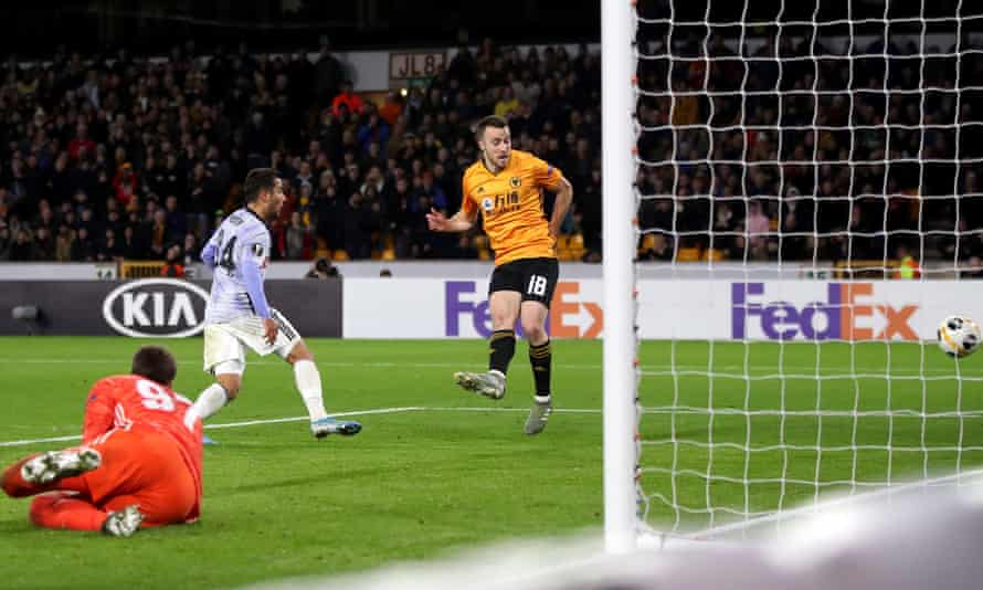 Wolverhampton Wanderers’ Diogo Jota scores his side’s fourth goal of the game.