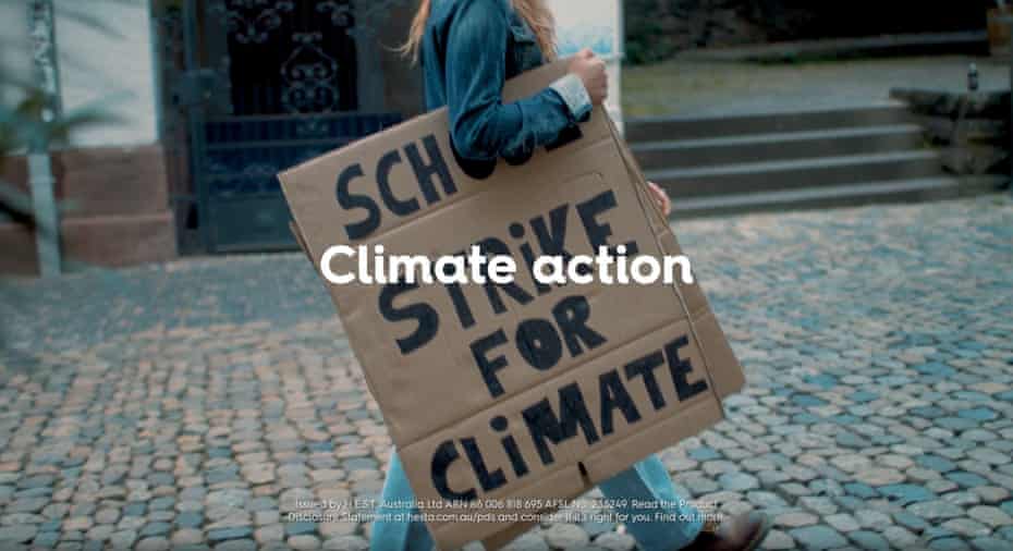 young person carrying a sign that says 'school strike 4 climate' from a Hesta ad