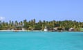 A sunny empty coast in Tobago with palm trees, beach, boats and huts