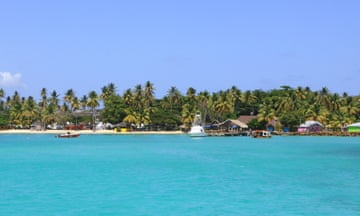 A sunny empty coast in Tobago with palm trees, beach, boats and huts