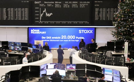 German share price index DAX graph reaches a new all-time-high at the stock exchange in FrankfurtThe German share price index DAX graph is pictured after the German index reached an other all-time-high with 20,000 points at the stock exchange in Frankfurt, Germany, December 3, 2024. REUTERS/Staff