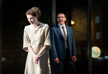 Christopher Eccleston (Creon) and Jodie Whittaker (Antigone) in Antigone by Sophocles, at the Olivier, National Theatre