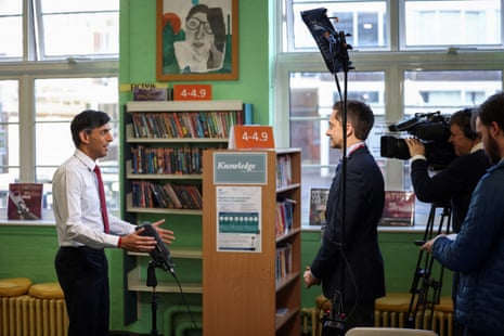 Rishi Sunak being interviewed during a visit to Harris Academy secondary school in south west London.