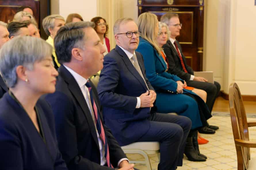 Prime minister Anthony Albanese looks on during the swearing-in ceremony at Government House this morning.