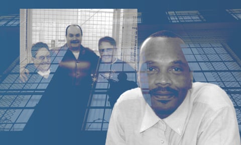 people pose in combo photo, superimposed over scene of guard at san quentin