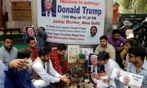 Activists of Hindu Sena perform a special prayer to ensure a victory of Trump in the upcoming elections, in New Delhi on Wednesday.