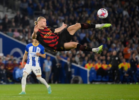 Manchester City's Erling Haaland sends a scissor kick into the stands against Brighton.