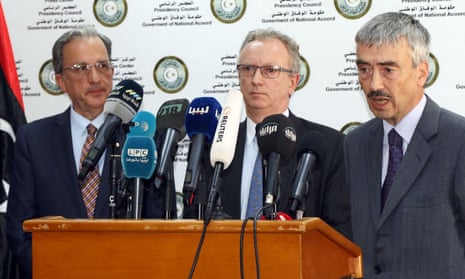 (L to R) José Antonio Bordallo of Spain, Antoine Sivan of France, and Peter Millet from the UK hold a press conference after meeting members of the Libyan government. 