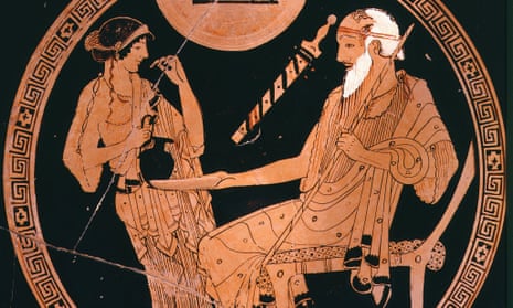 red-figure terracotta cup, 5th century, showing slave girl Briseis pouring libation for Achilles’ tutor Phoenix, in a scene from the Iliad.