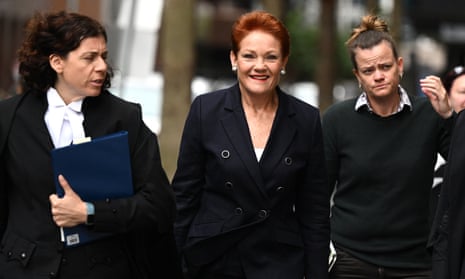 One Nation leader Pauline Hanson outside the court yesterday.