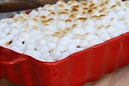 Sweet potato casserole with mini marshmallows.