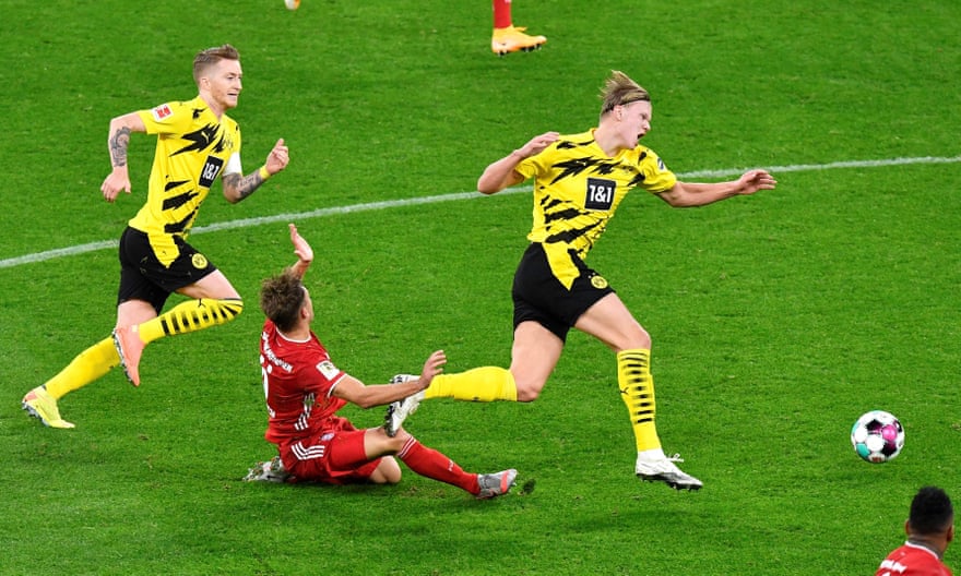 Marco Reus and Erling Haaland (right) during Dortmund’s Bundesliga game at home to Bayern Munich in November 2020.