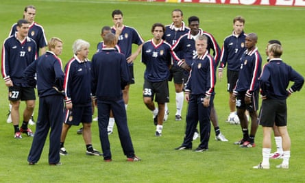 Manager Deschamps, centre, takes a session with his Monaco team during the early stages of a run to the 2004 Champions League final, which was lost to Porto.