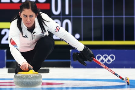 Team GB’s Eve Muirhead looks focused as she prepares to deliver a stone during the gold medal game against Japan
