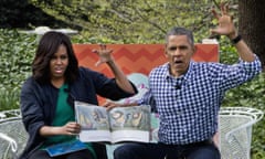 Barack Obama, Michelle Obama<br>President Barack Obama and first lady Michelle Obama make claw hands and monster faces while reading, "Where The Wild Things Are," during White House Easter Egg Roll at the White House in Washington, Monday, March 28, 2016. Thousands of children gathered at the White House for the annual Easter Egg Roll. This year's event features live music, sports courts, cooking stations, storytelling, and Easter egg rolling. (AP Photo/Jacquelyn Martin)