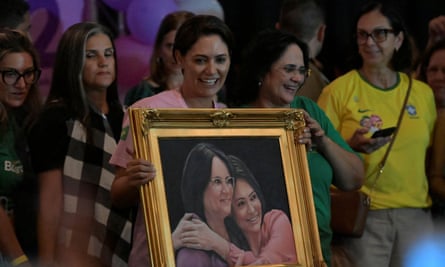 Brazil’s first lady, Michelle Bolsonaro, campaigns at a ‘Women with Bolsonaro’ meeting in Ribeirão das Neves in Minas Gerais state on Friday.