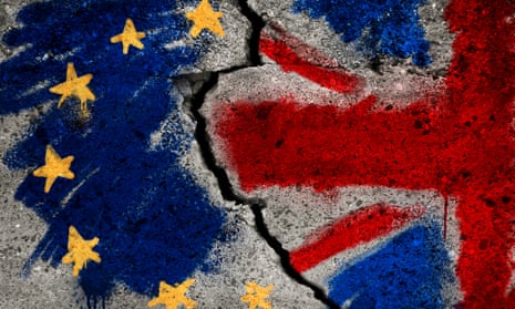 EU and UK flag on broken wall.