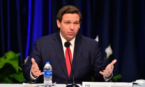 Ron DeSantis in Orlando last week. On Thursday he snapped at reporters who asked about Rebekah Jones’s claims, saying: ‘You guys have been on the conspiracy bandwagon for months.’ 