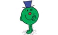 Mr Fib, a smiling, winking, round, green character in a blue top hat.