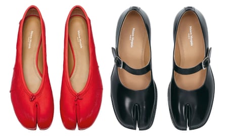 A pair of bright-red shoes with a split-toe design, viewed from above, next to a pair of black Mary Jane shoes with a split-toe design, viewed from above