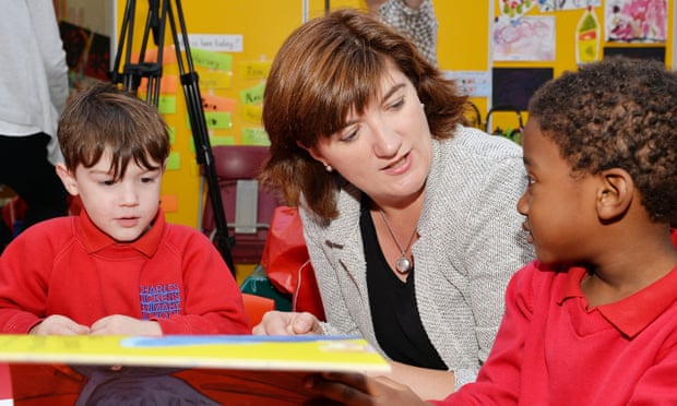 Nicky Morgan with children at Charles Dickens primary school, south London