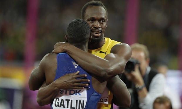 Usain Bolt embraces Justin Gatlin after the men’s 100m final. Bolt’s good grace in a rare but undeniably distressing defeat only added to his legacy.