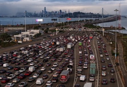 Traffic backs up on the San Francisco - Oakland Bay Bridge.