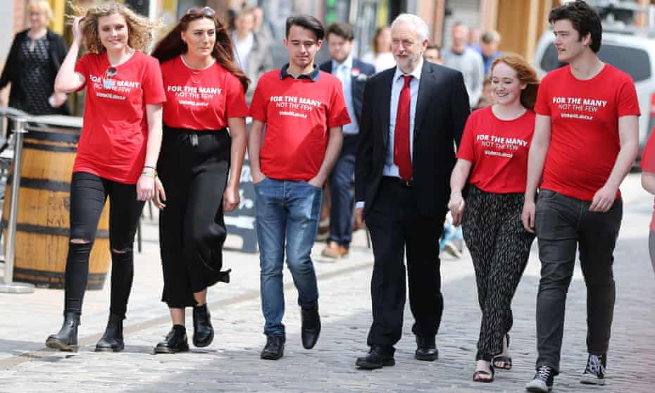 Jeremy Corbyn walks with students at an election rally on 22 May in Hull, where he spoke about Labour’s plans to scrap university tuition fees.